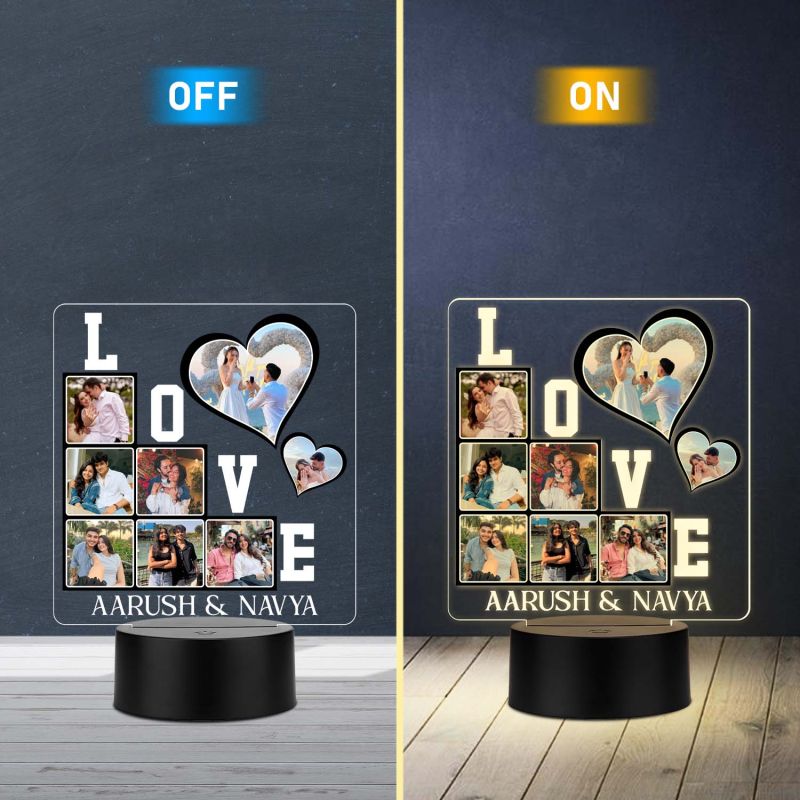 Personalized 3D LED Love Photo Lamp Customized Acrylic Night Light with 8 Photos & Names Anniversary, Wedding, or Valentine’s Day Gift for Couples Warm White Light Tabletop Room Decor